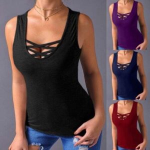 Women T Shirts Sexy Hollow Out Summer Criss Cross Sleeveless Bandage Casual Tops