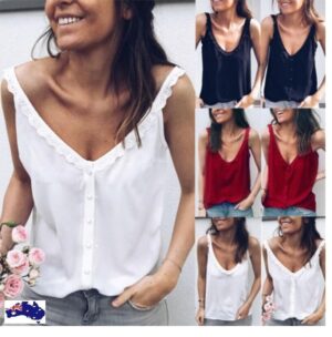 Women Tops Beach Wear Summer Loose Vest Casual Shirt V Neck Sleeveless Tank Top