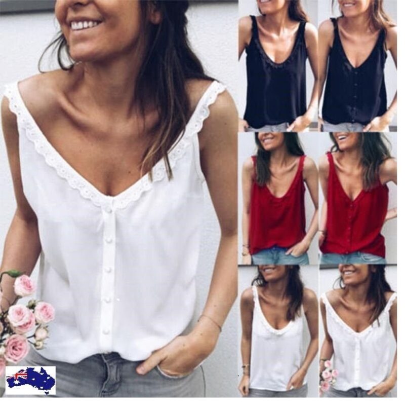 Women Tops Beach Wear Summer Loose Vest Casual Shirt V Neck Sleeveless Tank Top