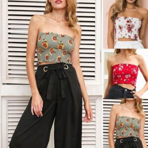 Summer Tube Top Floral Off Shoulder Strapless Bandeau Smocked Ruffle Shirt