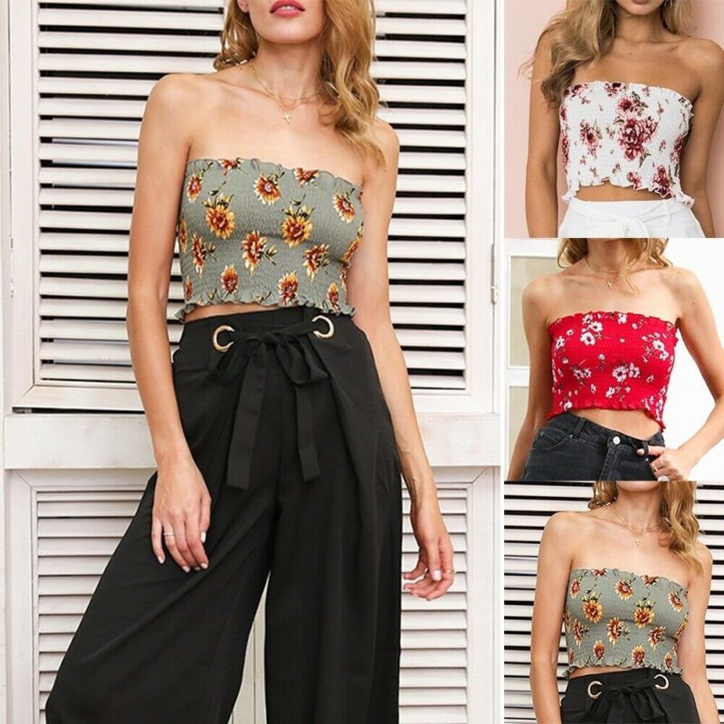 Summer Tube Top Floral Off Shoulder Strapless Bandeau Smocked Ruffle Shirt